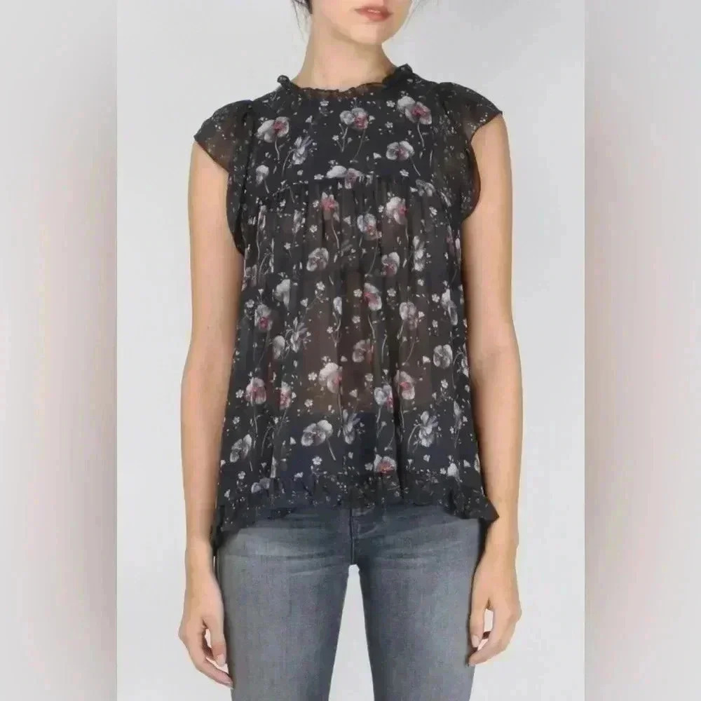 Ulla Johnson 100% Silk Clover Top Midnight Sleeveless Ruffle Blouse Sz 2
